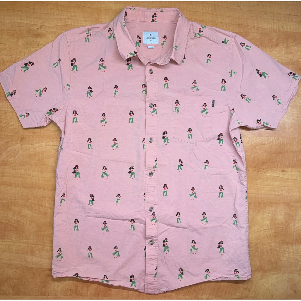 Rip Curl Mens Hula Girl Print Shirt Pink Short Sleeve Button Down Size M